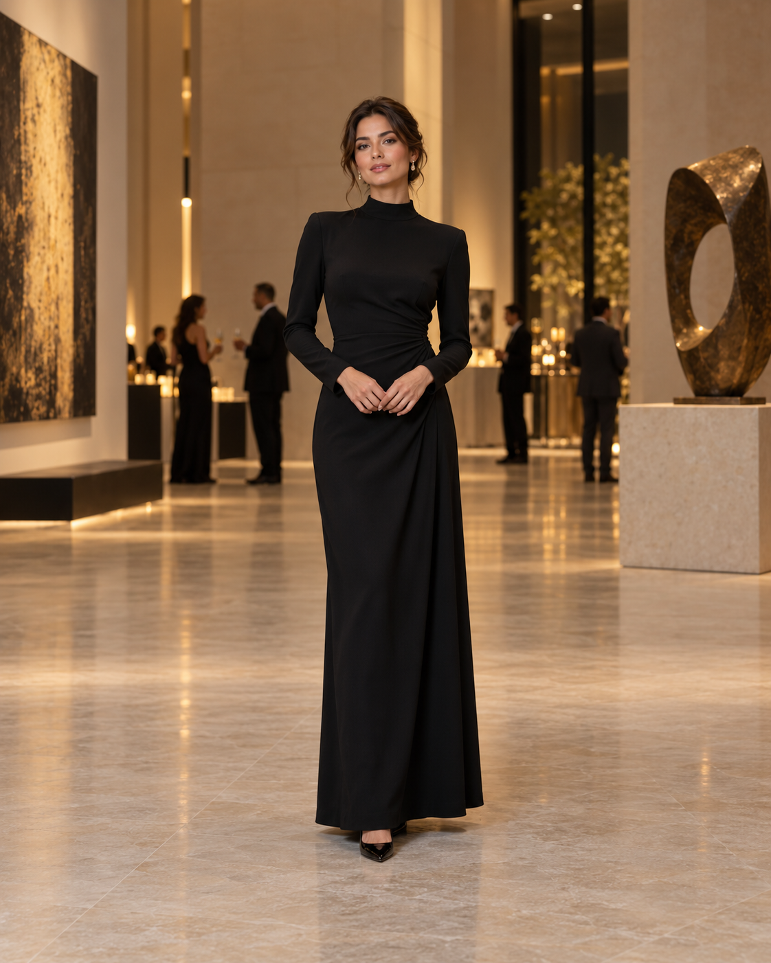 Ro & De Noir full-length evening editorial in a black long-sleeve dress at a gallery reception